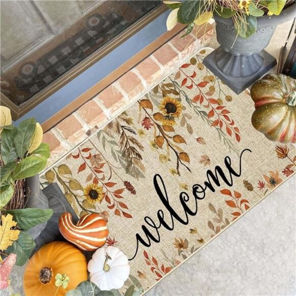 Welcome Fall Doormat Indoor Outdoor Patio Eucalyptus Leaves Sunflowers Door Mats - Picture 2 of 7
